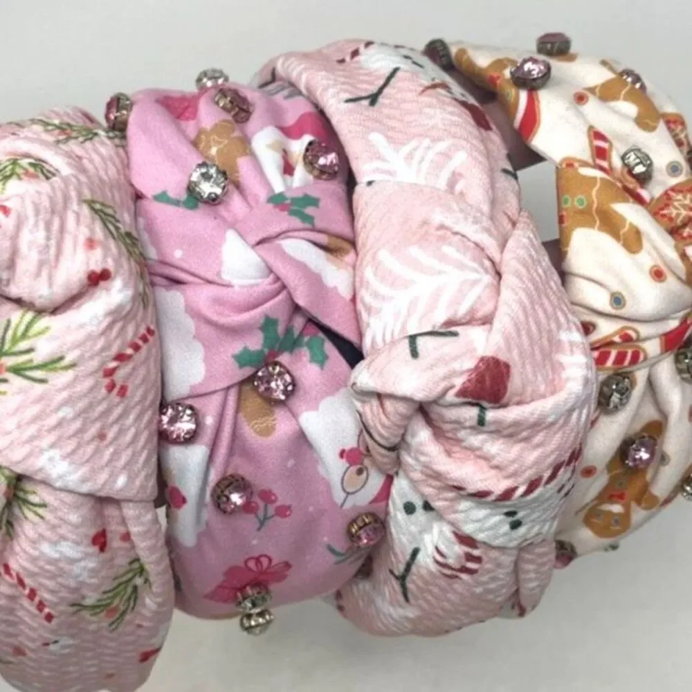 Set 4 Headbands Pink Rhinestone Holiday Girls Decorative Knotted Winter Festive